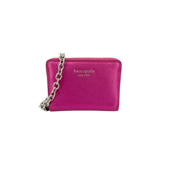 KATE SPADE Natasha Metallic Pebbled Leather Chain Compact Wristlet Bikini Pink - Picture 4 of 13
